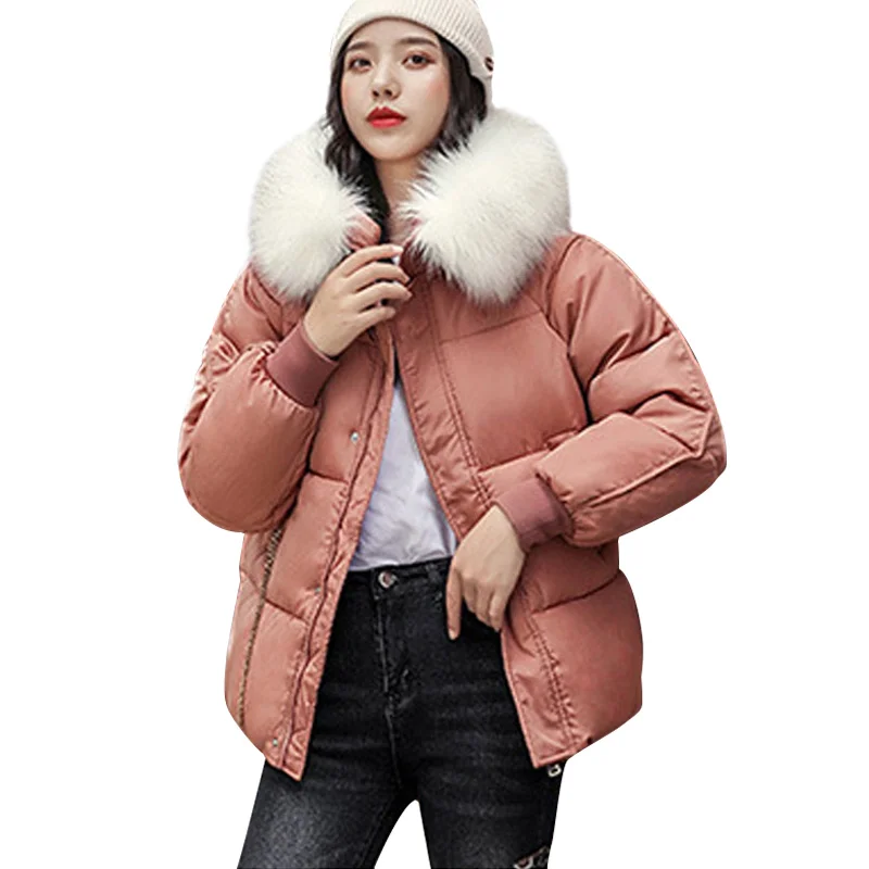 Tanie 2019 zima parki z kapturem kobiety duże sztuczne futro puchowa kurtka bawełniana płaszcz panie ciepłe luźna, bawełniana ocieplane płaszcze kobiet krótki płaszcz