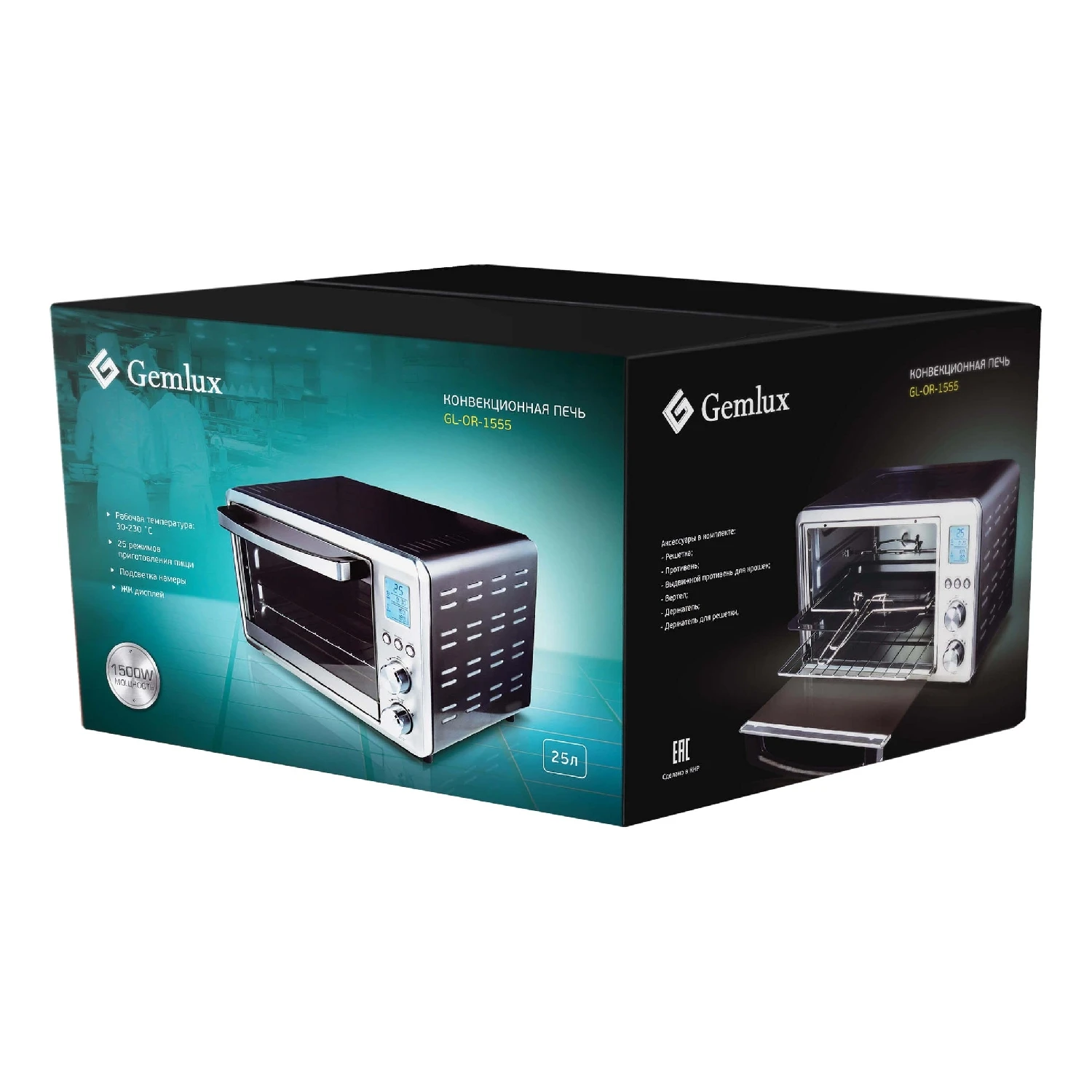 Мини-печь GEMLUX GL-OR-1555 (Мощность 1500 Вт, объем духовки 25 л, 2 нагревательных элемента, регулировка температуры до 230°С, индикатор режима работы)