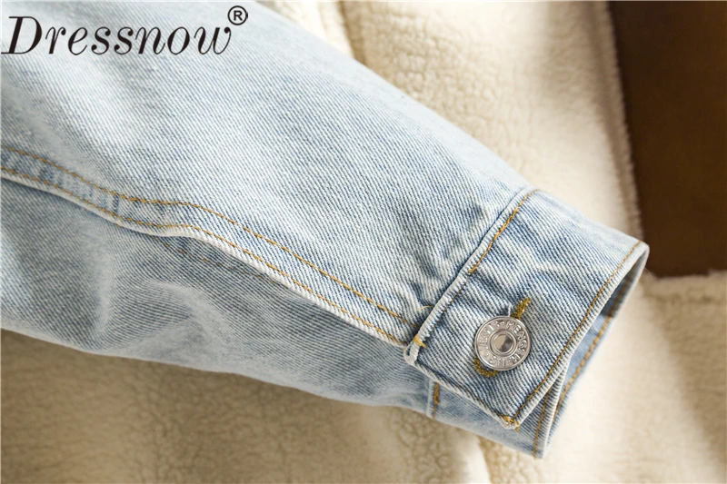 Dressnow, женская короткая джинсовая стеганая куртка, для девушек, плюс бархат, толстая овечья шерсть, пальто, женские модные зимние пальто