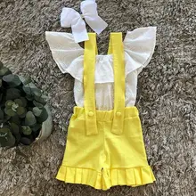 От 1 до 5 лет комбинезоны для малышей Одежда для маленьких девочек Футболка с оборками+ шорты на подтяжках комплект повседневной одежды из 2 предметов