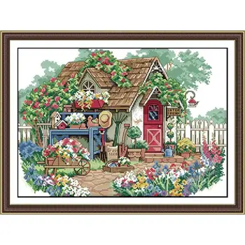 

Flower hut scenery cross stitch kit needlework kit 14ct 11ct count printed canvas stitching embroidery DIY handmade crafts gift
