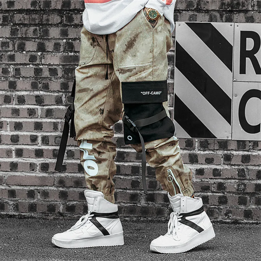 Hip Hop Men's Camouflage Joggers Pants Men Ribbons Cotton Cargo Pant Trousers Elastic Waist Harem Pant Men Streetwear AB24