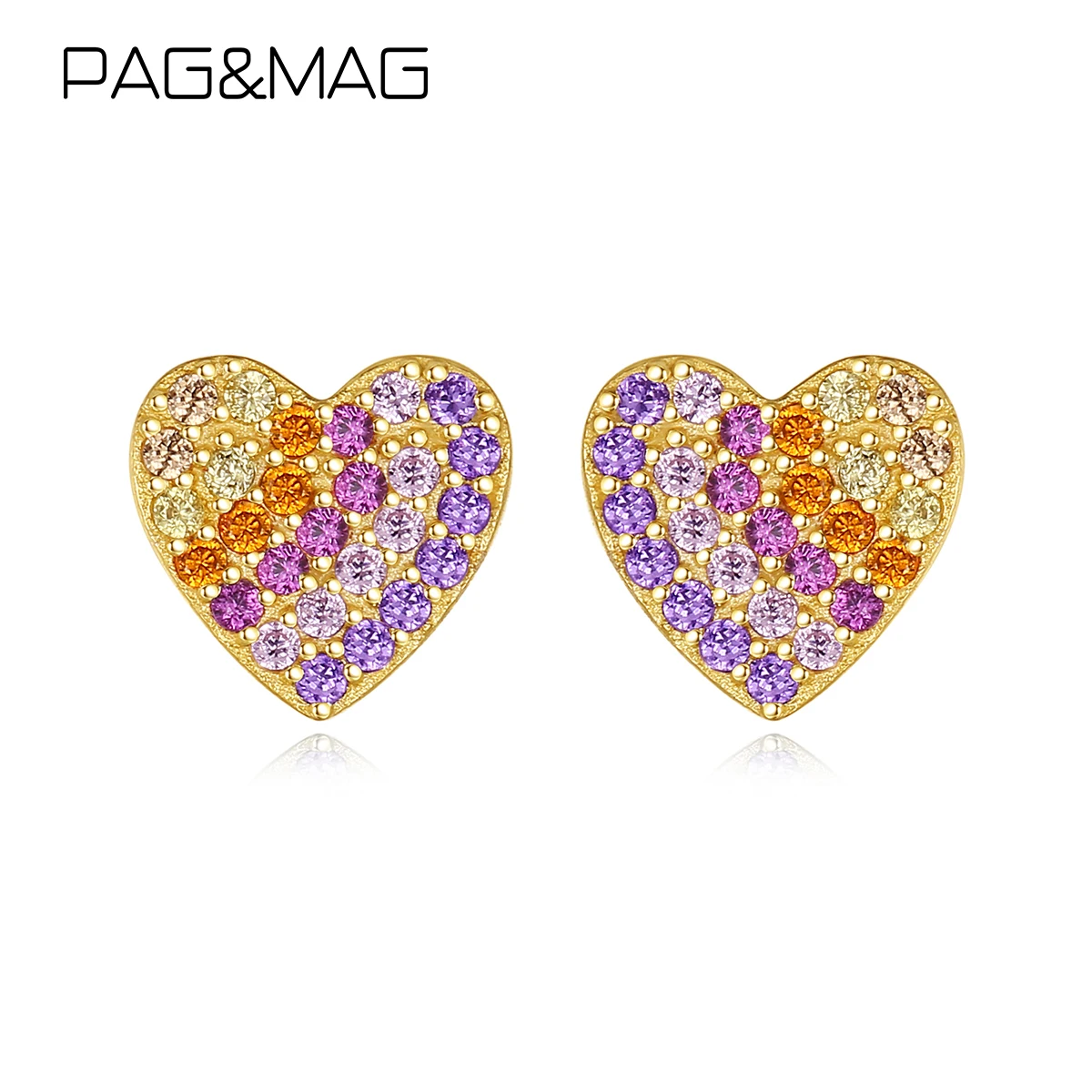 

PAG&MAG Real 925 Sterling Silver Luxury Colorful Heart Stud Earrings Rainbow CZ Zircon Stone Earrings Romantic For Women Girls