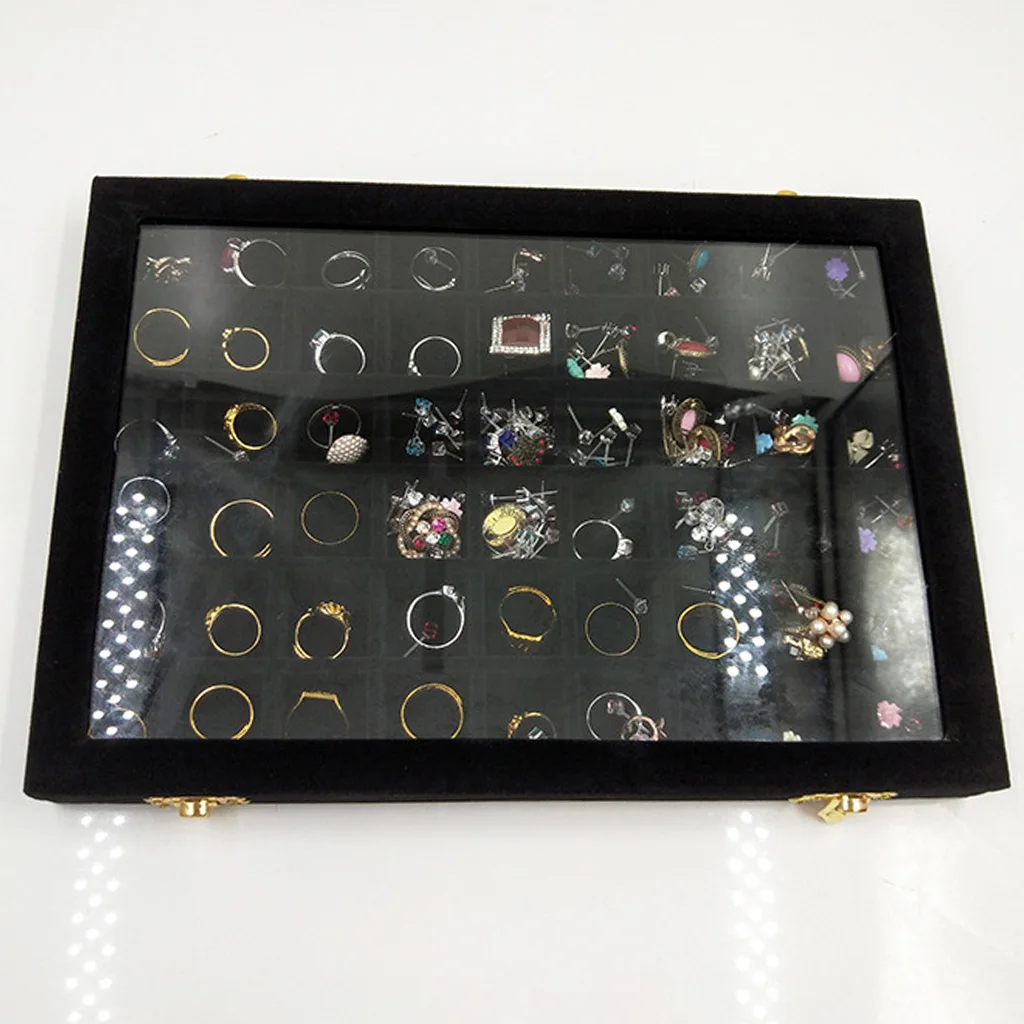 Wood Velvet Jewelry Display Tray Box Earring Diamond Bead Storage Organizer Case
