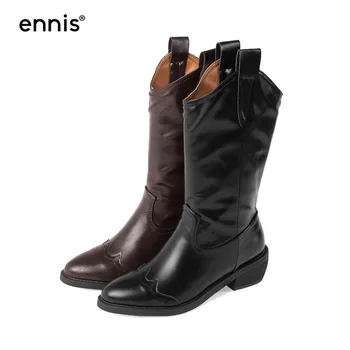 

ENNIS Retro Chelsea Boots Women Split Leather Autumn Winter High Boots Square Heel Slip On Shoes Ladies Black Brown Boots A0116