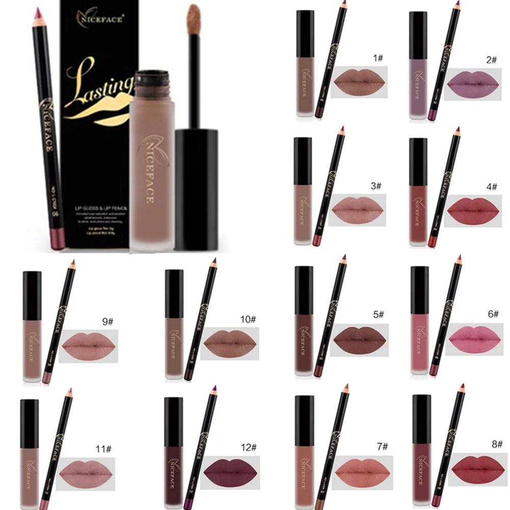 NICEFACE 12 Colors Durable Matte Liquid Lip Gloss+ Nude Makeup Lipstick Set Ultra Waterproof Natural Velvet Lips Makeup Tools