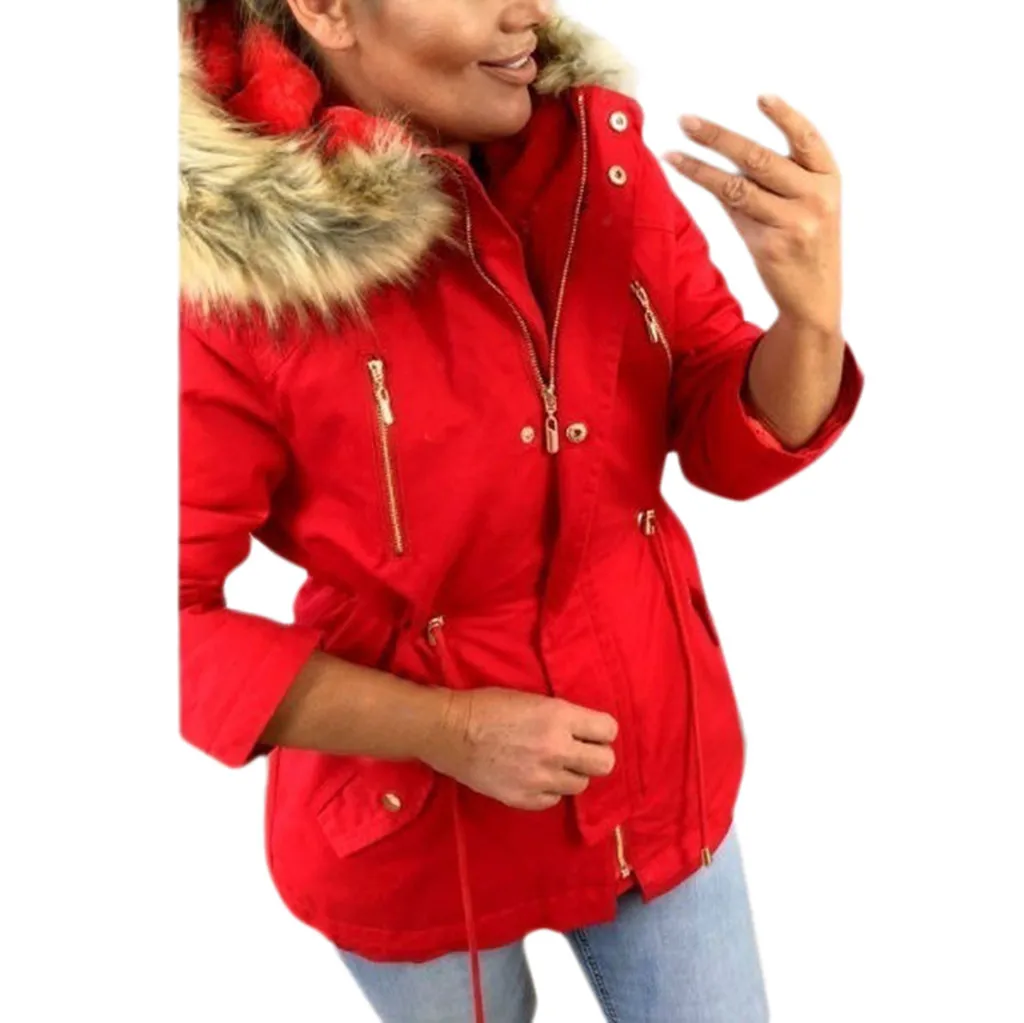 Горячая Распродажа, женское модное зимнее пальто, теплая военная куртка с капюшоном, повседневное пальто из искусственного меха, верхняя одежда, Прямая поставка, kurtka damsk - Цвет: Red