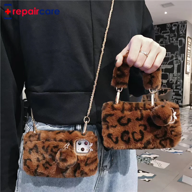 

Winter Crossbody Leopard Phone Case For iPhone 11 Pro Max XS MAX XR 7 Plus Case Card Slot Brand Handbag Purse With Long Chain