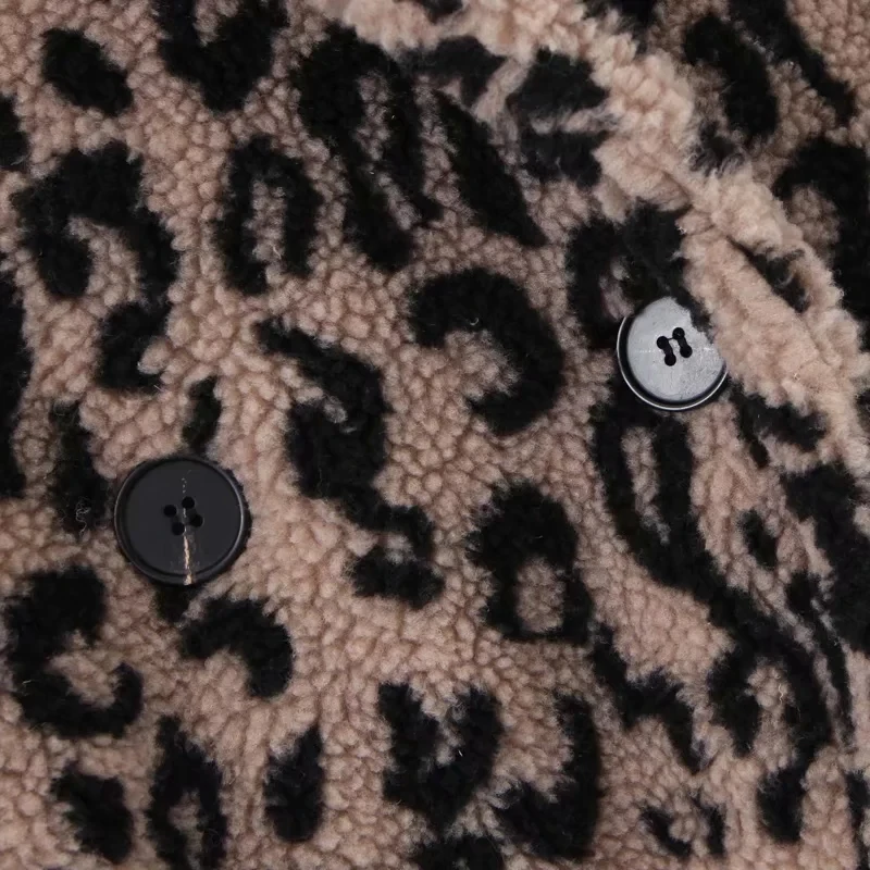 Withered winter woolen overcoat women england vintage Leopard Print Lamb hair drop shoulder oversize thick trench coat women top