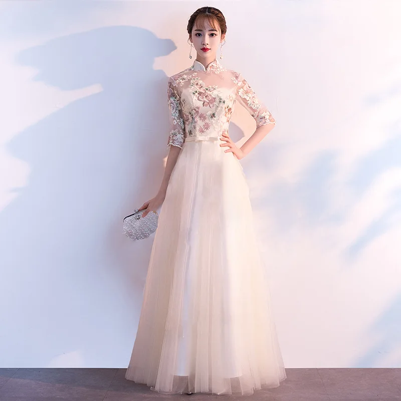 Champange вечернее платье для молодой леди вышивка цветок Qipao для женщин Cheongsam воротник Мандарин перспективное Сетчатое платье