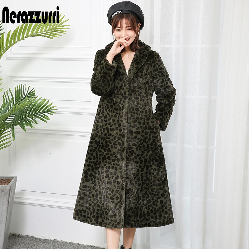 green leopard print Nerazzurri Элегантное длинное пальто из искусственного меха женская этикетка Леопардовый принт пушистое шуба из искусственного меха большого размера зимняя верхняя одежда 6xl 7xl плюс размеры для женщин шуба из экомеха - Цвет: green leopard print