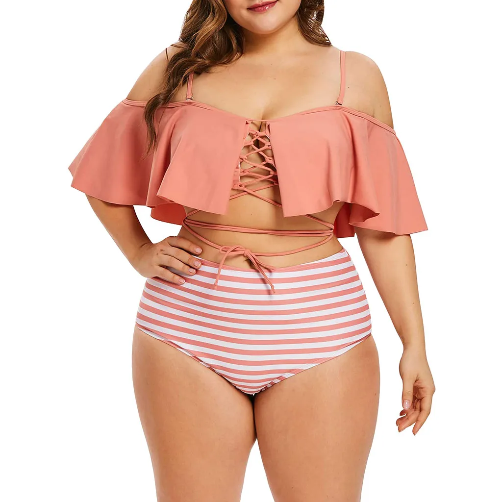 

SAGACE Multicolor Ruffled Hem Bikini Set Women Large size striped Sling with one shoulder split swimsuit High Waisted Bikini set