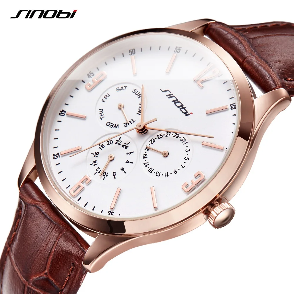 SINOBI Men's Wristwatches Calendar Week Date Functions Leather Strap Business Males Geneva Quartz Clock Relogio Masculino