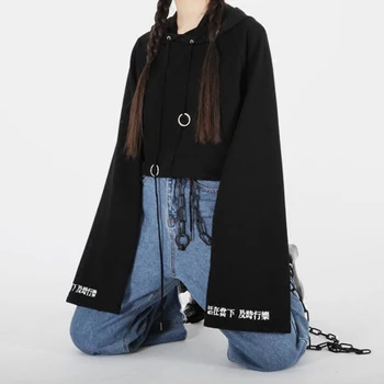 

Harajuku Punk Oversized Sleeve Hoodies Chinese Letter Embroidery Hooded Street Sleeve Sweatshirts
