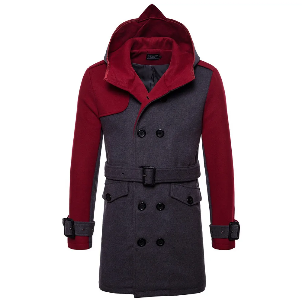 Осенне-зимнее мужское шерстяное пальто модная Лоскутная длинная куртка с карманом двубортный ремень с капюшоном Мужское пальто