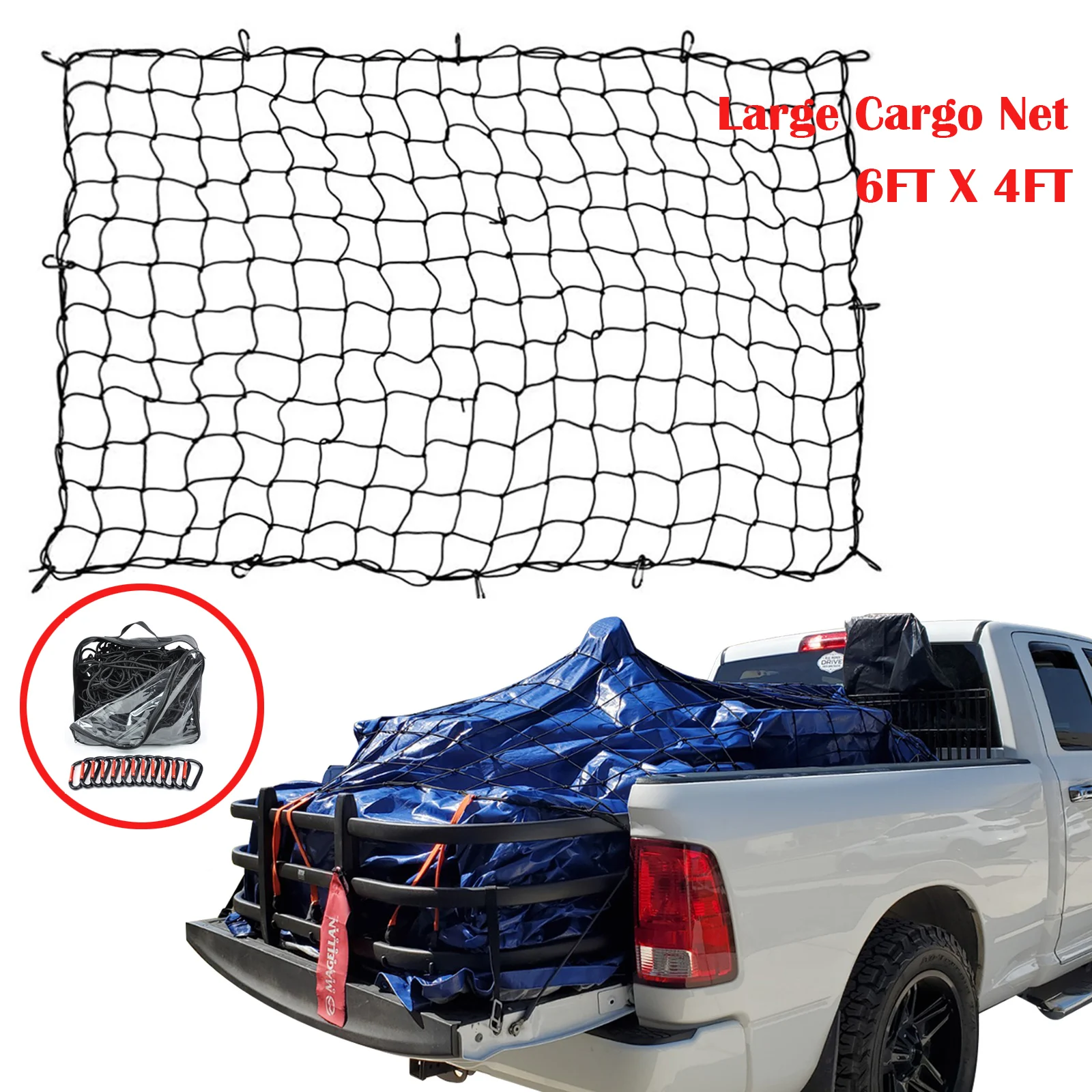 Cargo Nets for Pickup Trucks Heavy Duty Truck Bed Net Organizer with 12Pcs Metal Carabiners Hooks Bungee Netting Car Accessories |