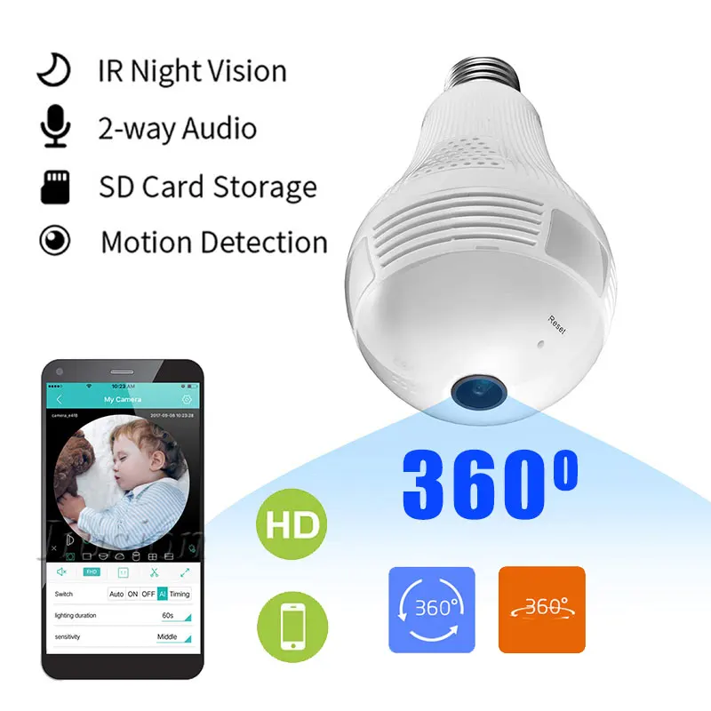 Мини камера видеонаблюдения с поддержкой Wi Fi и панорамной лампочкой 360