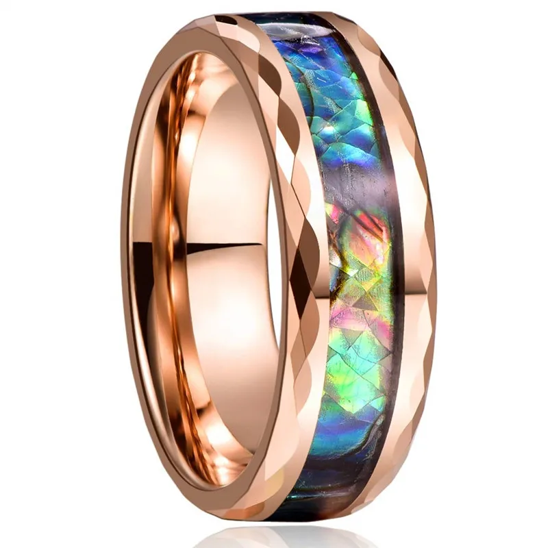 FDLK 8mm Abalone Shell Rings Unisex Wedding Bands Faceted Comfort Fit Size 6-13