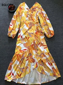 

Latest Designer Dress 2020 Spring Summer Party Event Ladies V-Neck Yellow Floral Print Ruffle Patchwork Sexy Asymmetrical Dress