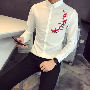 

2019 Brand Men shirts Casual Long Sleeved Embroidery Flower Shirts Men Slim Fit Male Social Dress Shirt Camisas Para Hombre