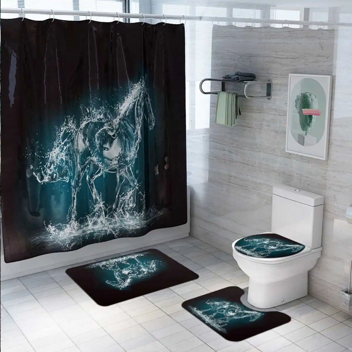 

Non-slip Absorbent Bathroom Cushion Set Crystal Horse Printing Shower Curtain Carpet Toilet Mat with 12 hooks 4/3/1 Pieces