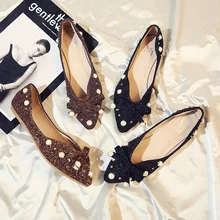 Мокасины с бусинами; женские балетки с острым носком и заклепками; Мягкие Мокасины для девушек; блестящая обувь с блестками и бантом; большие размеры