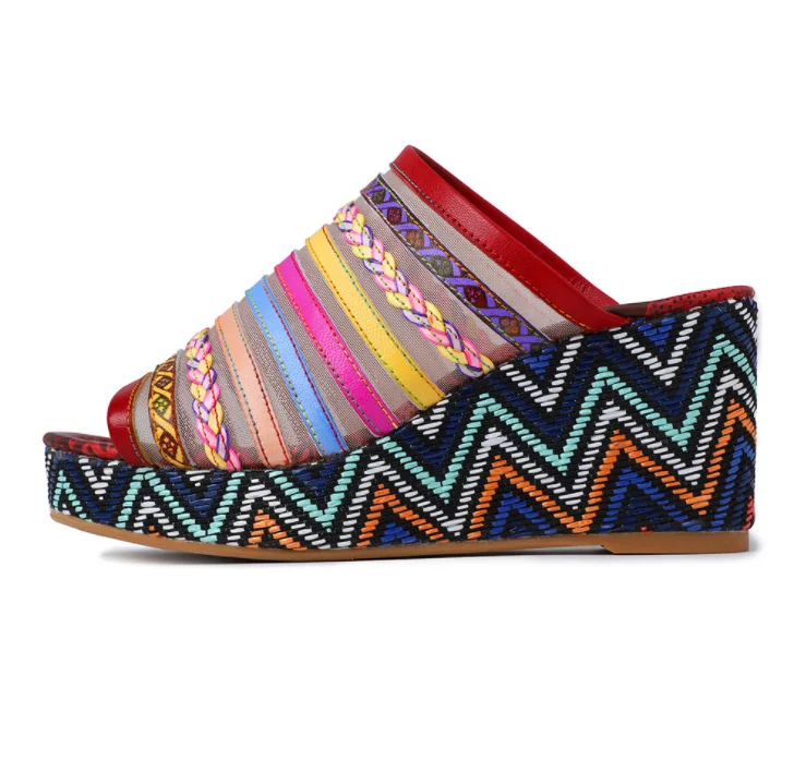 

New Style Hand-made Colorful Striped Flower Leather Women's Super Comfortable Platform Open Toe Slope Heel Sandals Sfy56