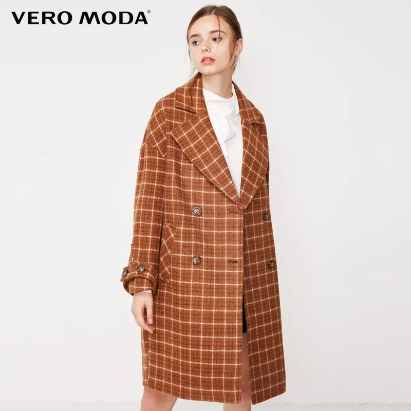 Зимнее длинное шерстяное пальто в клетку с отворотом Vero Moda | 318327551|Пальто|