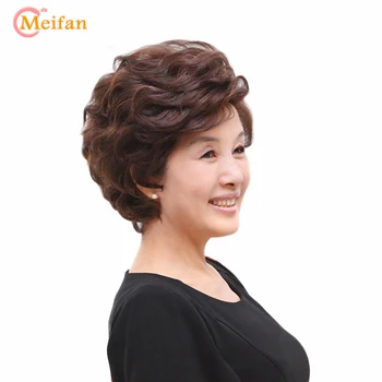 

MEIFAN Short Puffy Wavy Natural Wigs Black Brown Wig With Bangs Heat Resistant Synthetic Toupee Hair Wig for Women