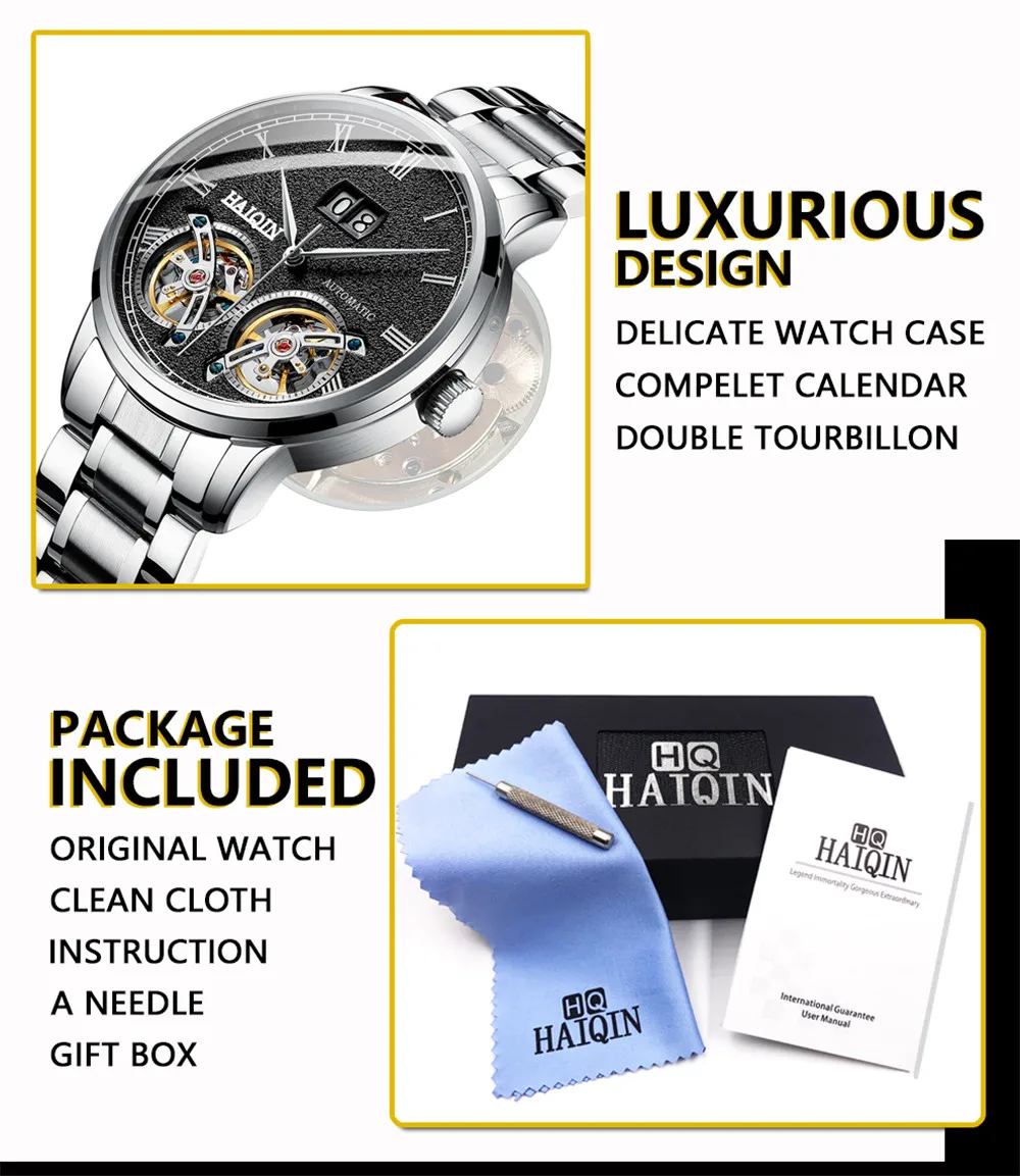 HAIQIN Men Mechanical Automatic Double Tourbillon Calendar Stainless Steel Wrist Watches Top Brand Luxury Military Male Clock