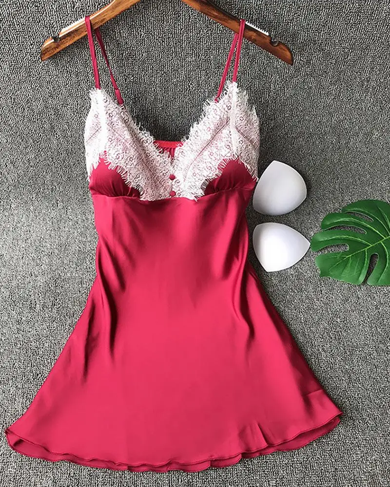 

2020 Women Elegant Sexy Buttoned Patchwork V Neck Spaghetti Strap Mini Sleepwear Female Lace Trim Patchwork Sleepwear Dress