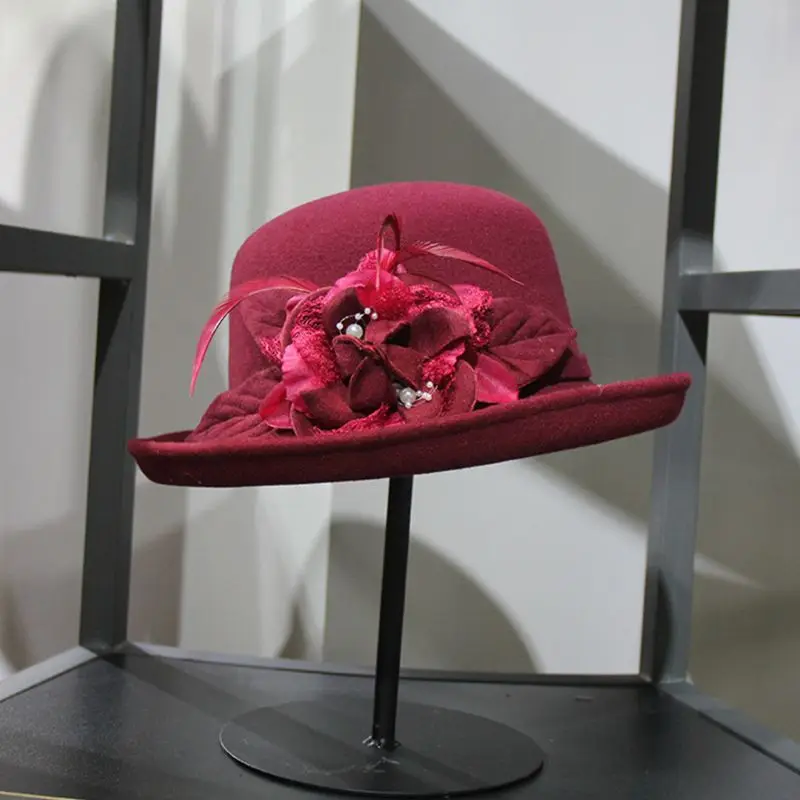 Womens Winter Vintage Faux Felt Trimmed Bucket Cap Flower Feather Imitation Pearl Bowknot Elegant Wedding Church Trend Top Hat