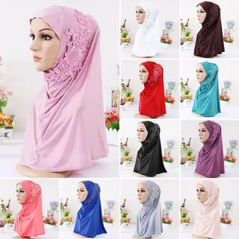 

Fashion Lace Flower Rhinestone Decor Women Scarf Muslim Hijab Head Wrap Headwear