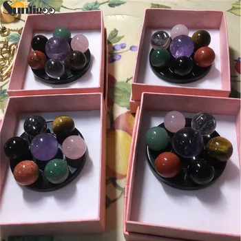 

Sunligoo Seven Star Group Natural Amethyst Rose Quartz Chakra Crystal Sphere Ball & Black Obsidian Stand Healing Reiki Stone