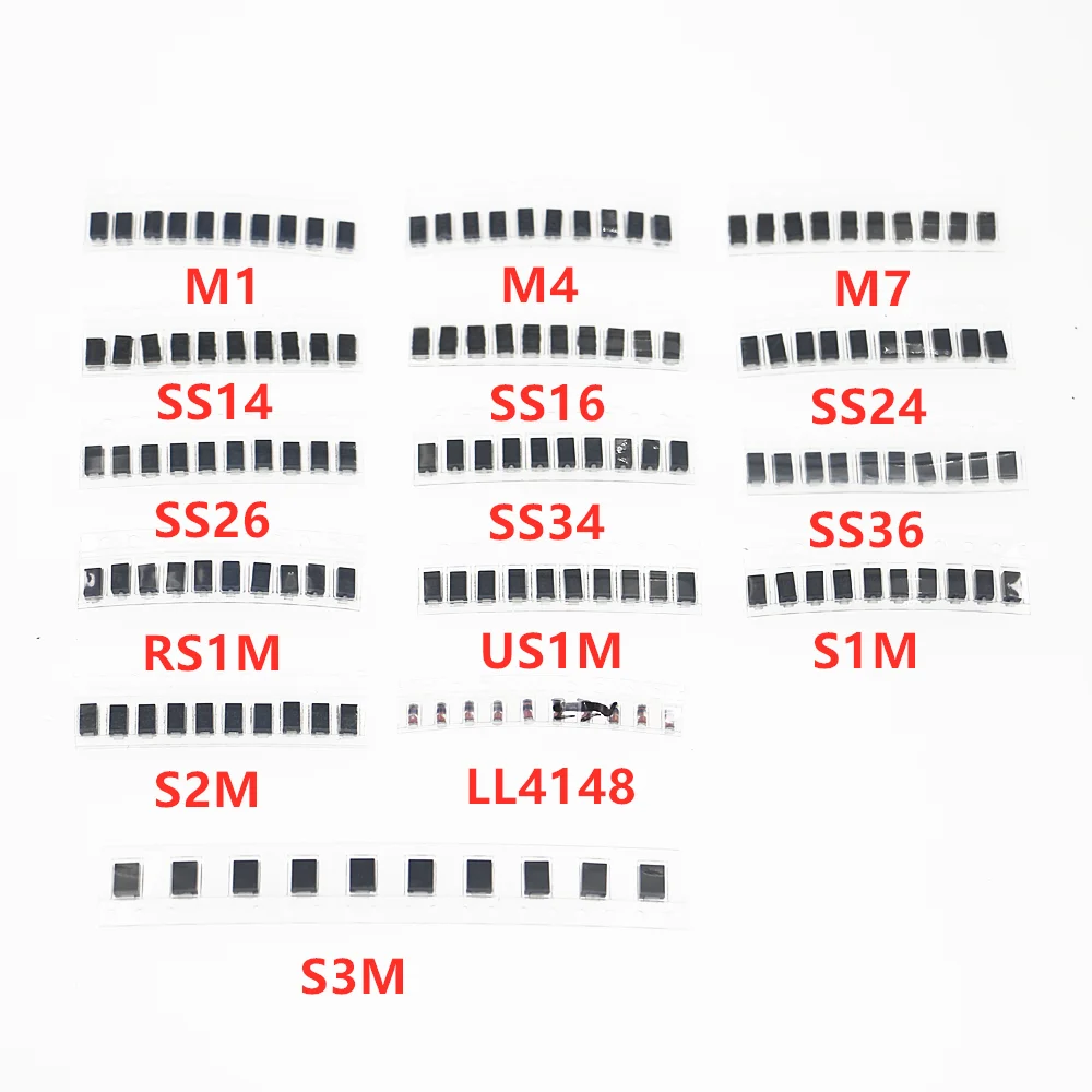 Набор диодов Шоттки SMD с быстрым переключением (M1 M4 M7 S1M S2M S3M SS14 SS16 SS24 SS26 SS34 SS36 RS1M US1M