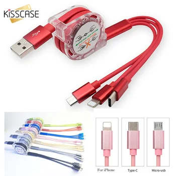 

KISSCASE 3 in 1 Retractable USB Cable For Mobile Phone Micro USB Type C Cable Cord For iPhone 11 Fast Charging Cable For Samsung