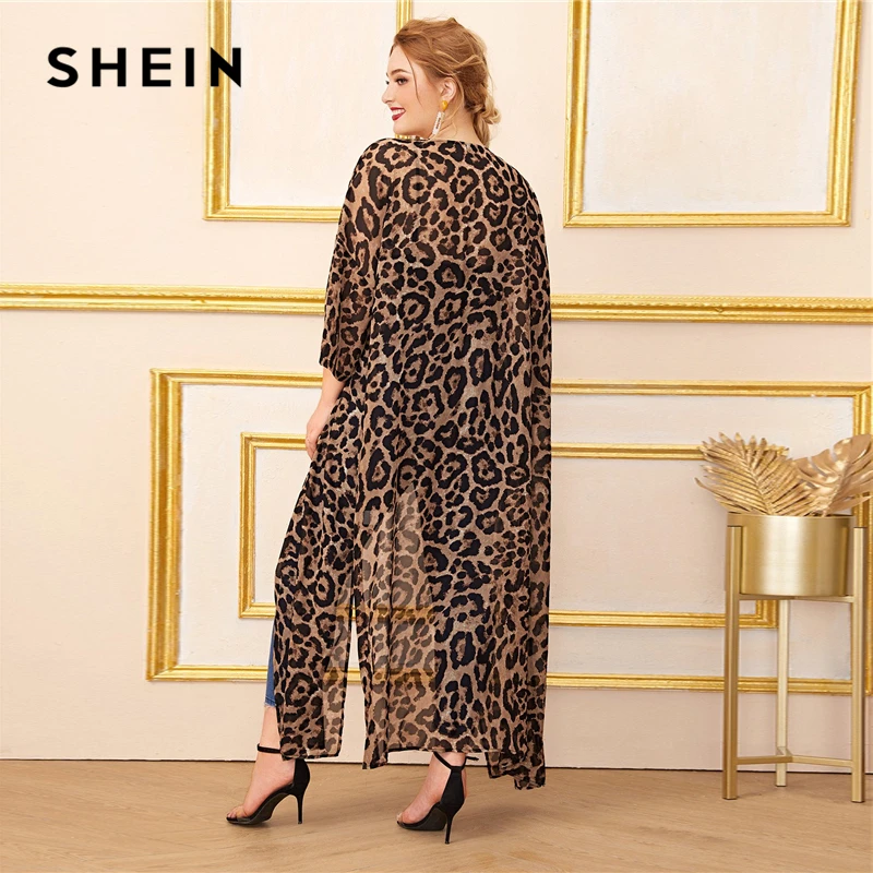 SHEIN Плюс Размер Многоцветный Сплит Сторона шифон Леопардовый принт кимоно для женщин лето осень длинный рукав Повседневная Длинная кимоно
