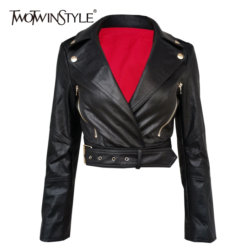 

TWOTWINSTYLE PU Leather Women's Jacket Lapel Collar Long Sleeve Zipper Pocket Sashes Female Jacket Autumn Fashion New 2020