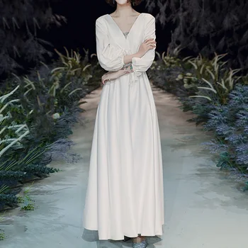 

Dressv Satin Wedding Dress 2020 Sample White Long Backless V-neck Long Sleeve Travel Wedding Sweet Korean Wedding Dresses Women