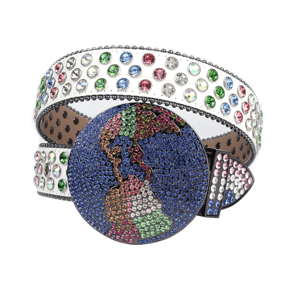 Western Red Rhinestone Belt Metal Globe Buckle Diamond Embellished