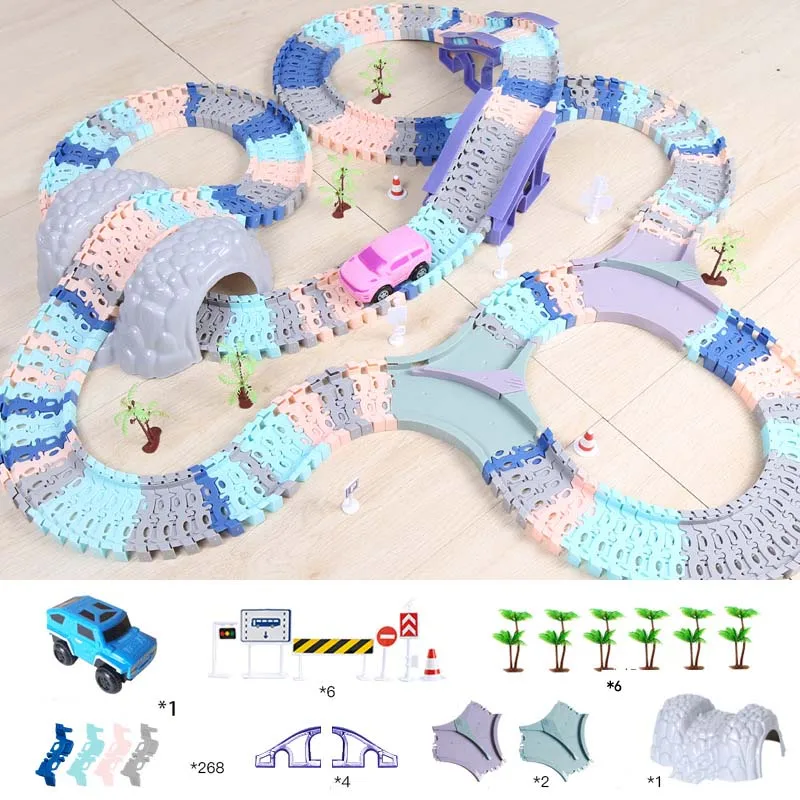 Электрический трек поезд набор детей Макарон Авто цепи Voiture гоночные треки для мальчика Слот автомобиль железная дорога Собранный блок детская игрушка - Цвет: 268PCS