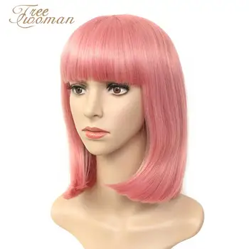 

FREEWOMAN Light Coral Synthetic Bob Wigs For Women Short Bob Wig With Bangs Fake Hair Purple Black Wig Heat Resistant Halloween