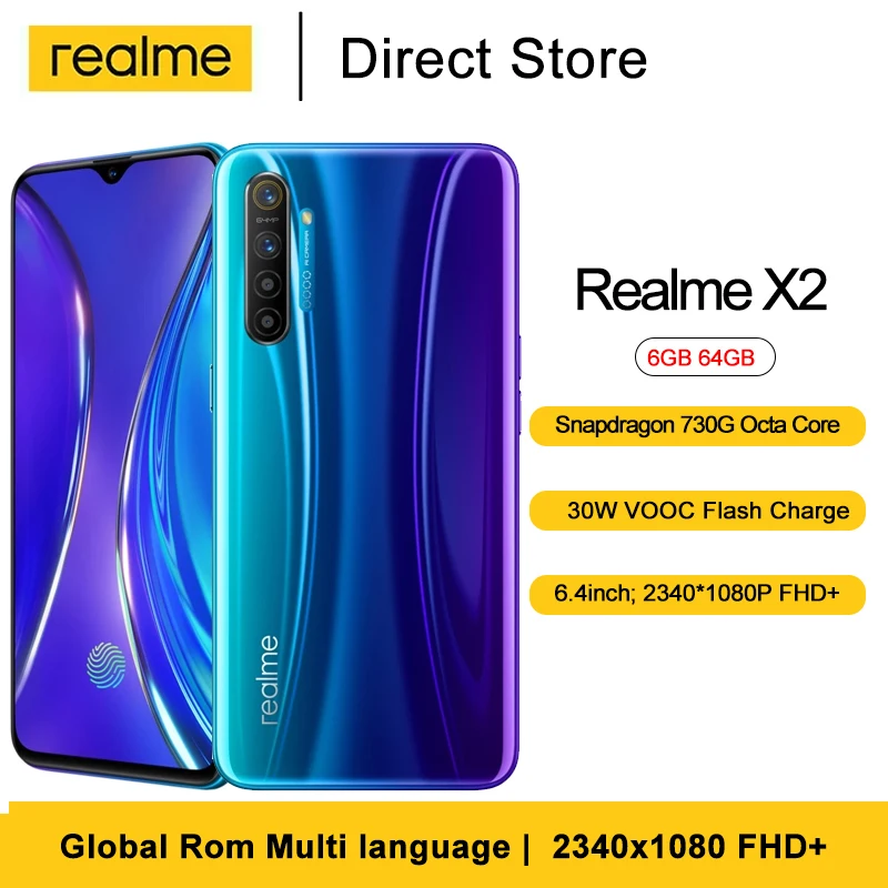 Realme X2 смартфон 6 ГБ 64 Гб 32MP Фронтальная камера Snapdragon 730 Octa Core 4 'ཚ Вт VOOC быстрая