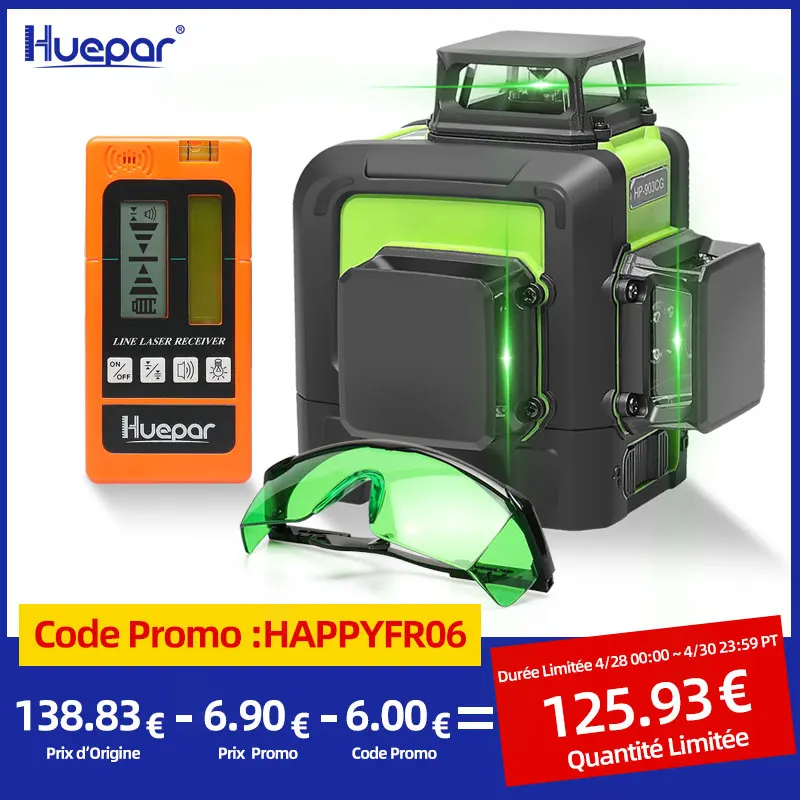 Huepar 12 Lines 3D Cross Line Laser Level Green Laser Beam Self-Leveling 360 Vertical & Horizontal with Glasses & Laser Receiver