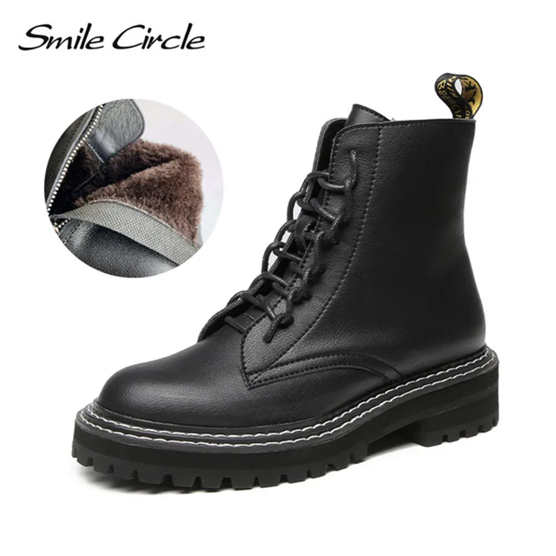 Comprar Sonrisa círculo Botines mujer cuero genuino moda estilo británico plataforma zapatos mujer invierno botas cálidas de piel señoras botines