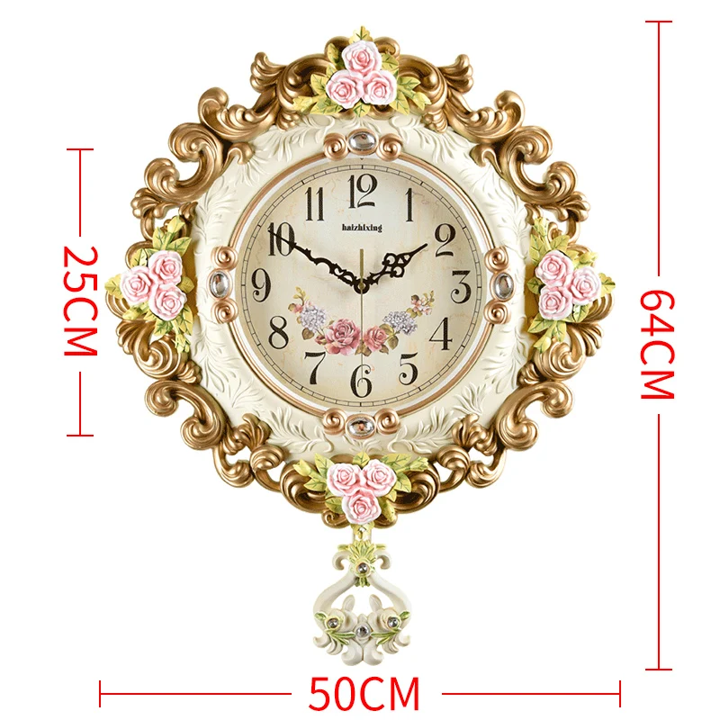Golden Mute Swing Large Wall Clock Retro Flower Engraving White Clock A  