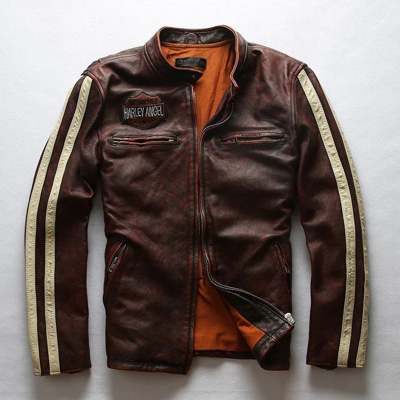 

ANGEL 2019 Vintage Brown Motorcycle Leather Jacket Fashion Letter stitching High quality First layer cowhide Slim bomber Jacket