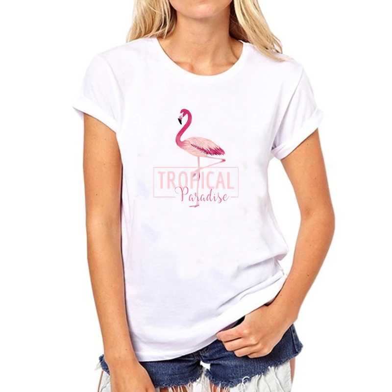 Новинка, летние футболки, женские футболки, женские топы для девочек, футболки, облегающие Женские футболки с фламинго и надписью, белые, черные, с коротким рукавом - Цвет: HLN-D-WHITE
