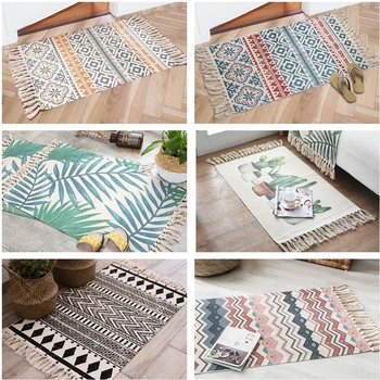 

Ethnic Linen Cotton Woven Printed Area Rugs Tufted Tassels Plain Tapestry Throw Rug Washable Handmade Floor Mat Indoor Doormat