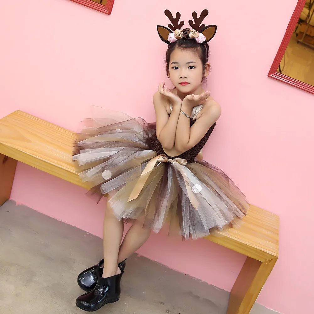 Коричневое платье-пачка с оленем; костюм на Хэллоуин для девочек; детское платье для дня рождения; детское платье для костюмированной вечеринки с оленем; одежда